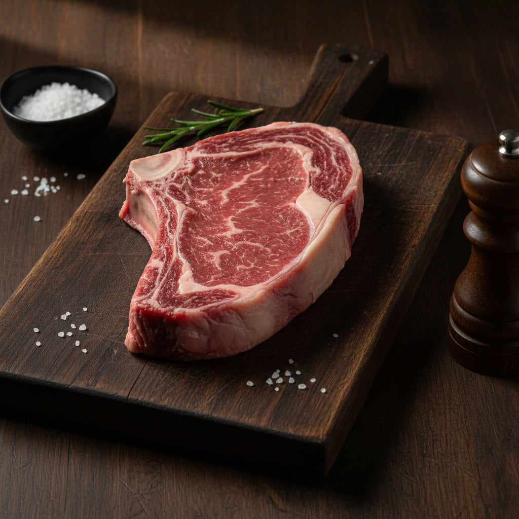 Grass-finished ribeye with a creamy golden fat cap on a rustic wooden board.
