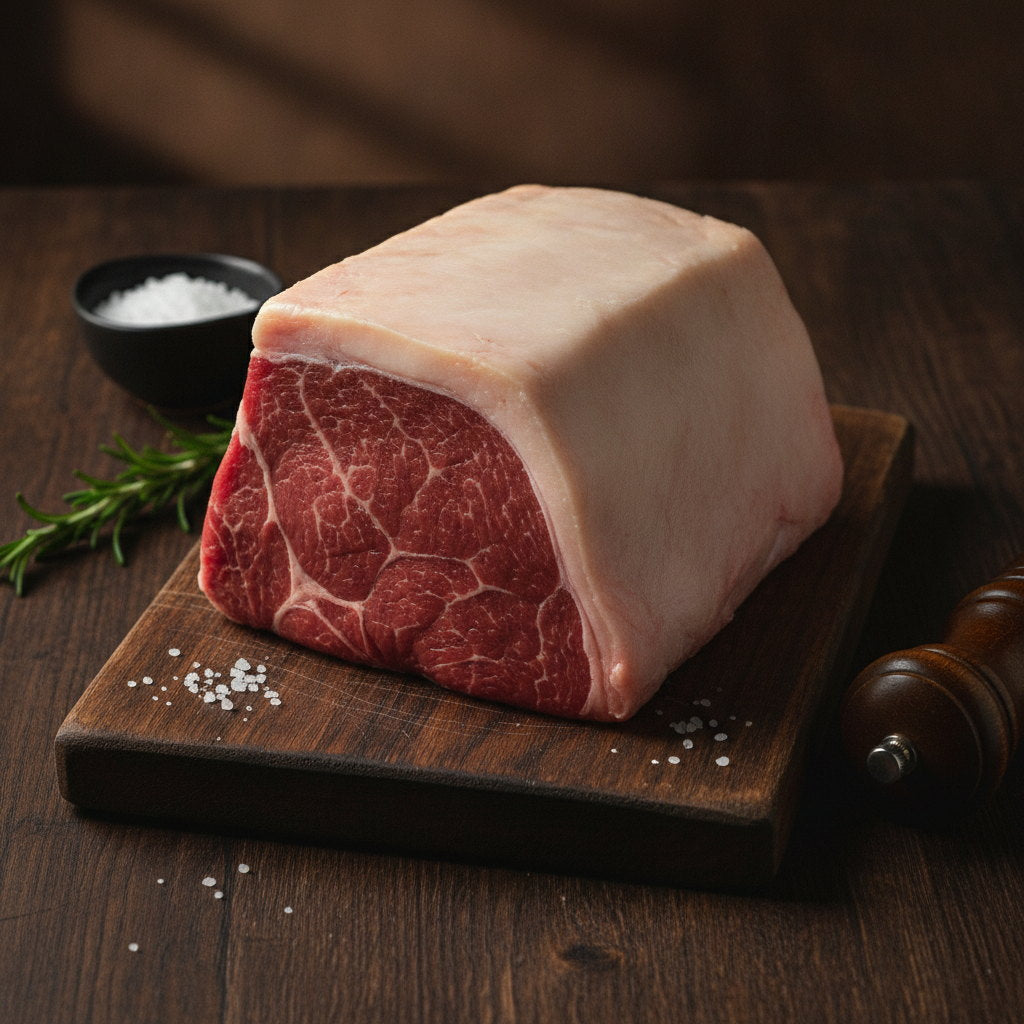 Picanha with a thick golden fat cap on a rustic wooden board.
