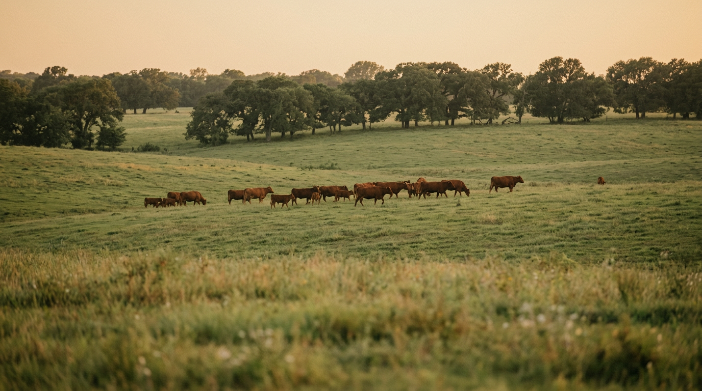 Red cattle grazing across rolling Northeast Texas pasture at golden hour.