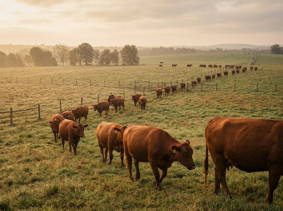 Cattle walking across open pasture at first light.