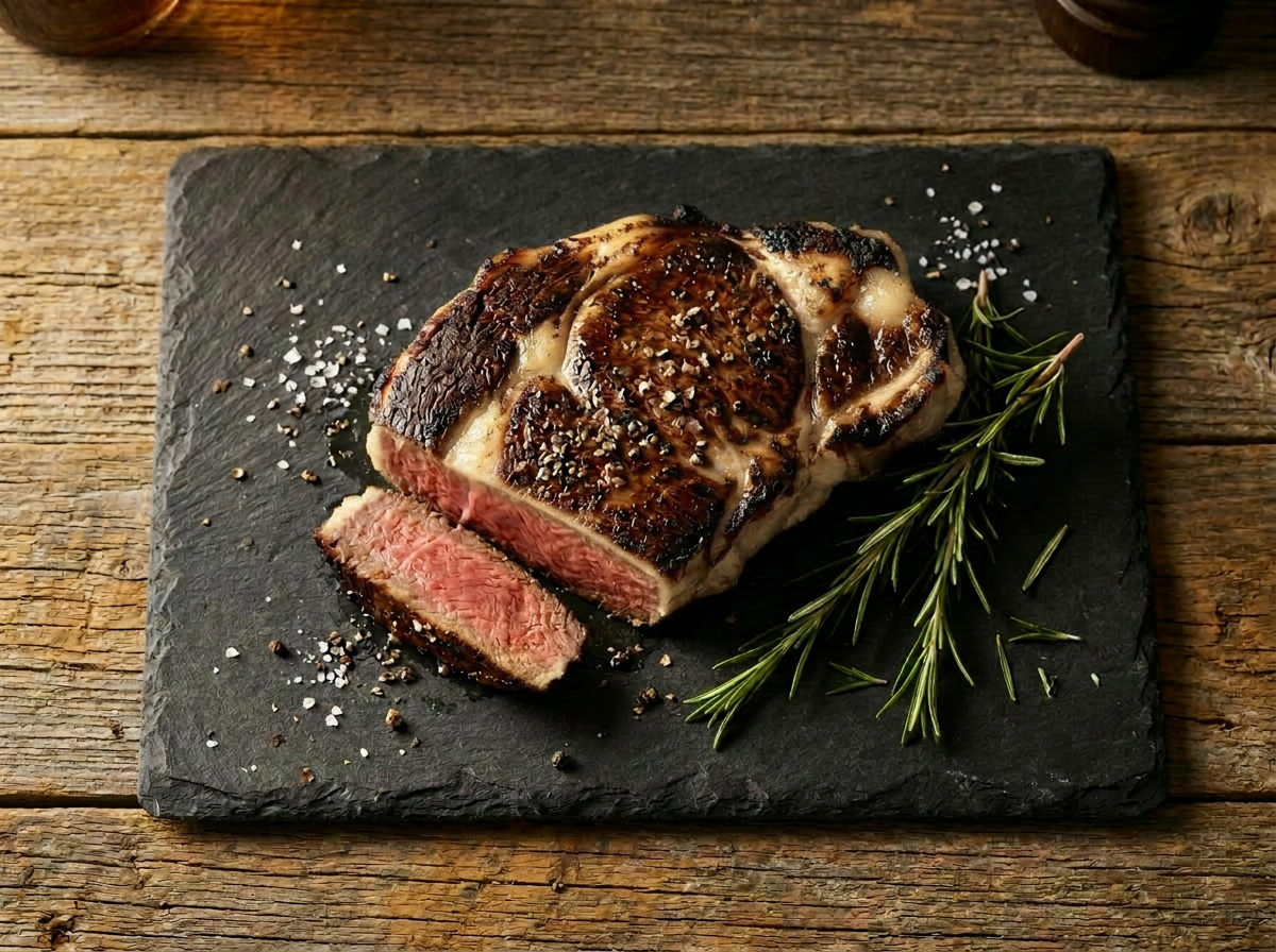 A ribeye steak, sliced, resting on a dark slate board.