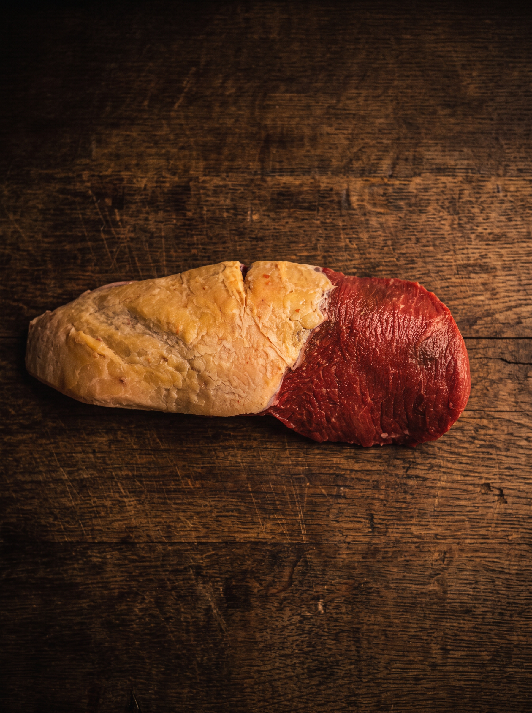 Picanha with a thick golden fat cap on a rustic wooden board.
