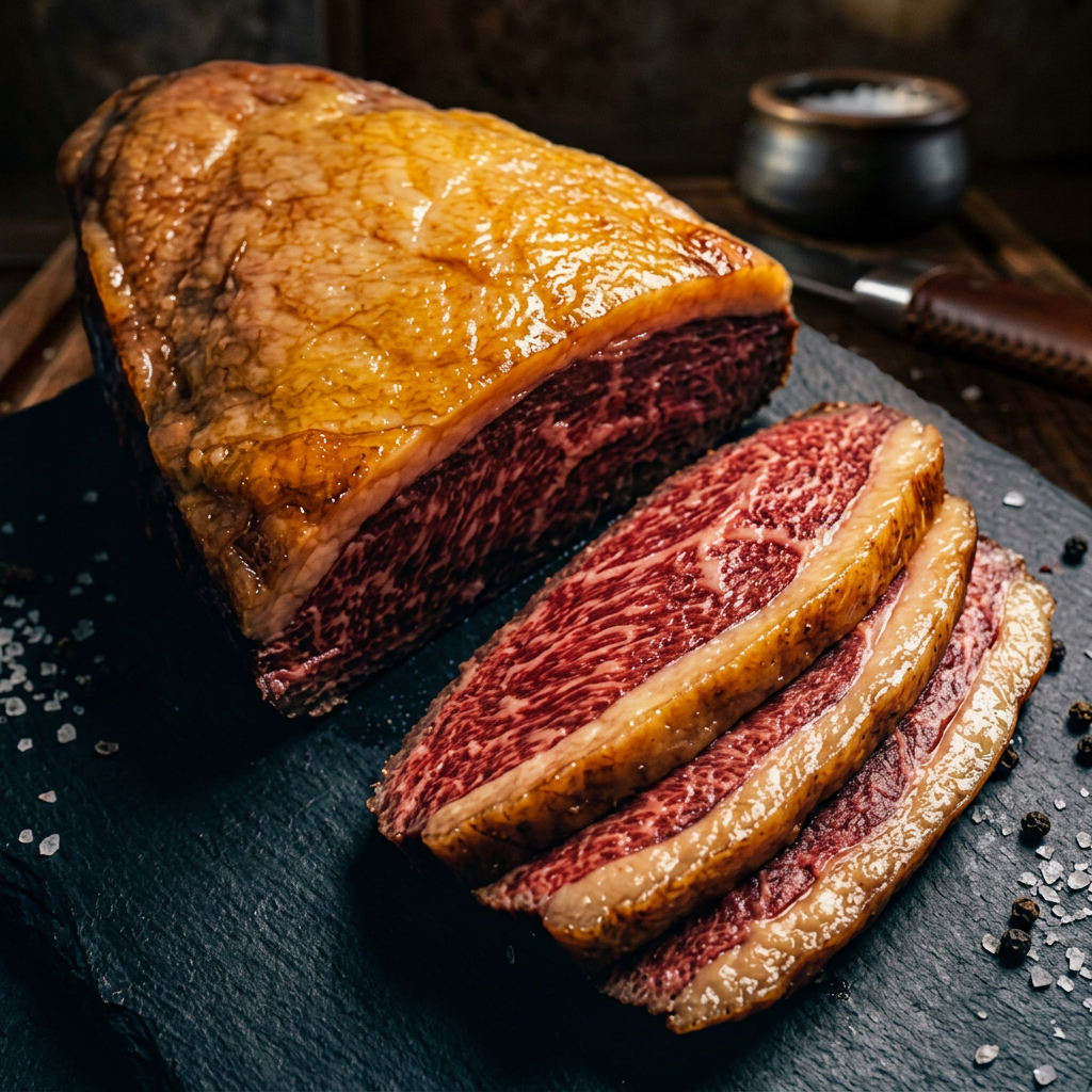 Picanha with a thick golden fat cap on a rustic wooden board.