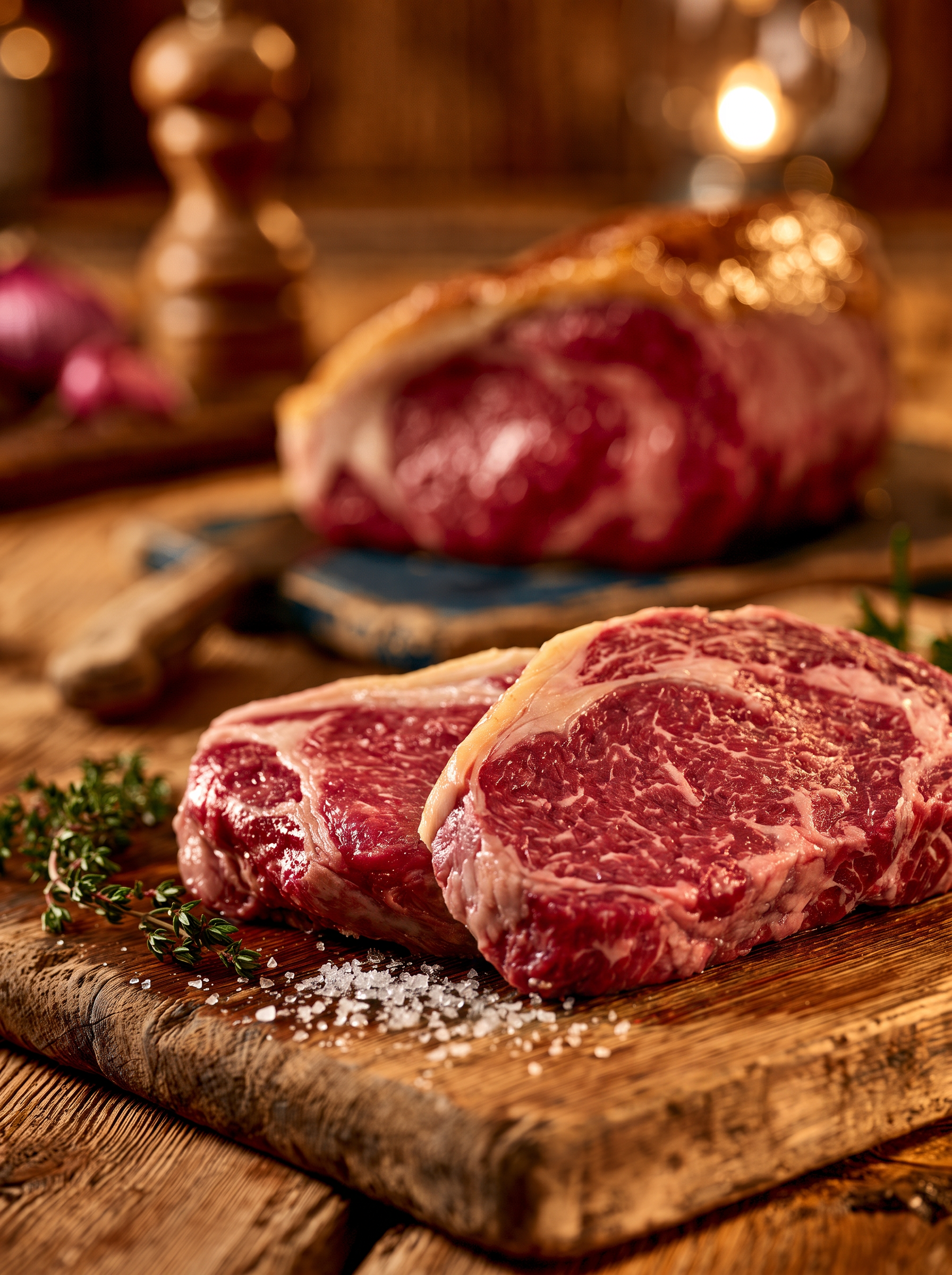 Grass-finished ribeye with a creamy golden fat cap on a rustic wooden board.