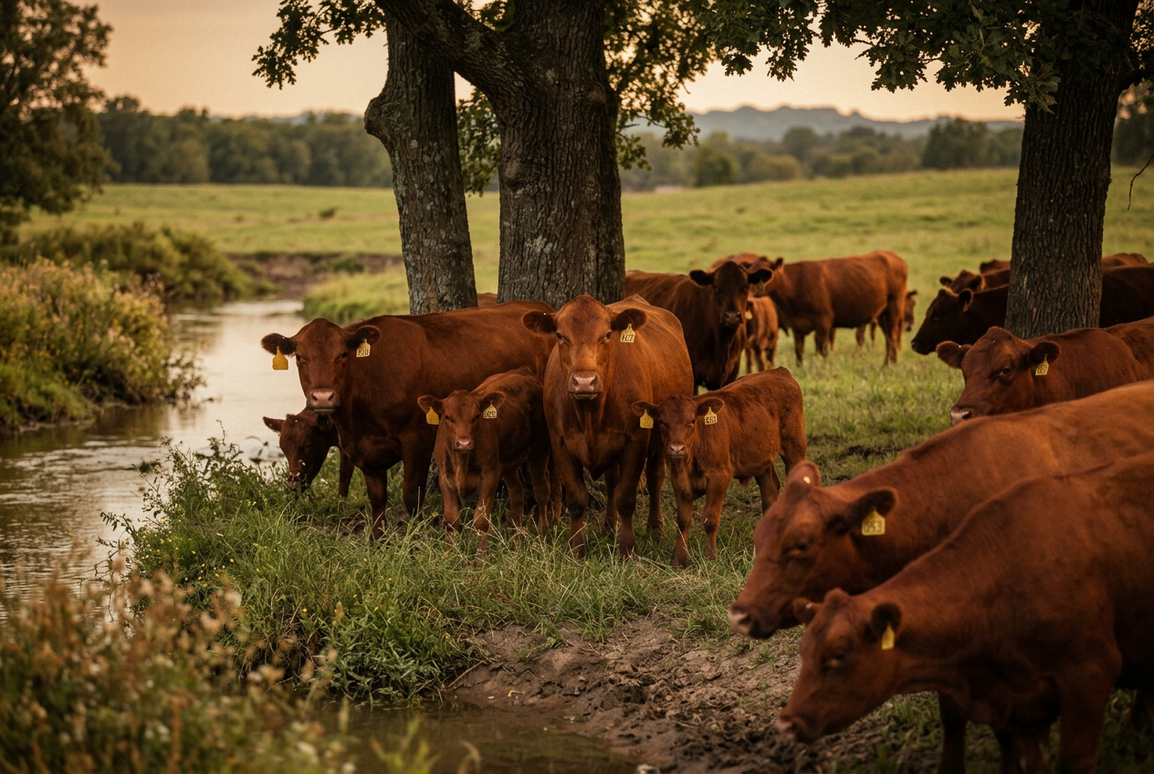 A herd of red cattle gathered at a quiet creek under post oaks at golden hour.