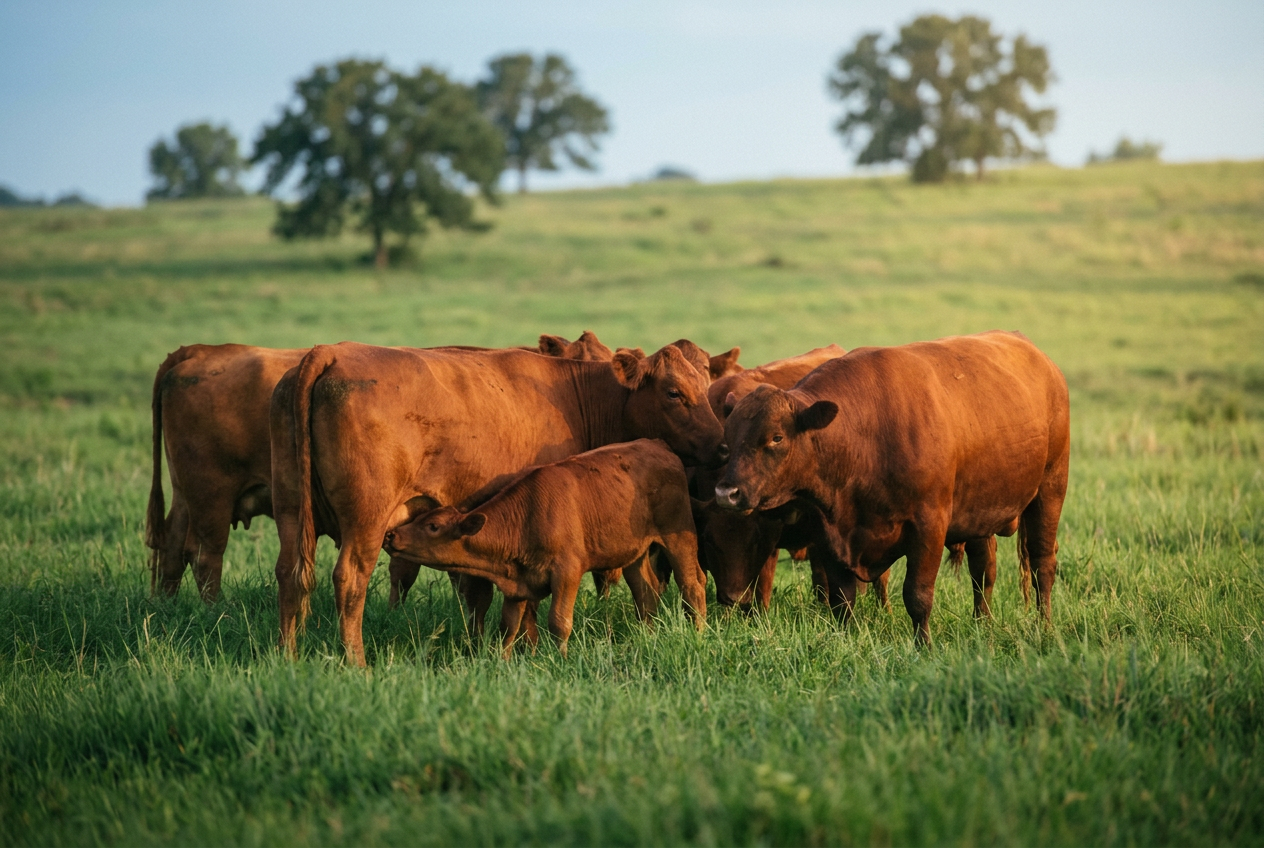 A close grouping of red cattle and calves on lush green pasture.